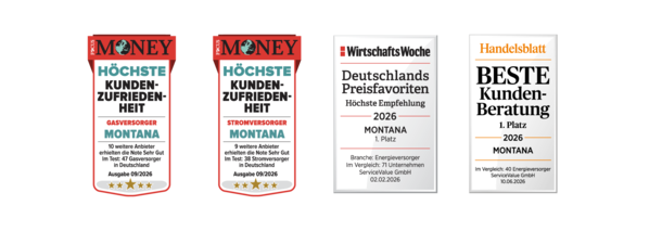 Auszeichnungen für MONTANA: Höchste Kundenzufriedenheit bei Focus Money, Deutschlands Preisfavorit der Wirtschaftswoche 2026 und Beste Kundenberatung laut Handelsblatt 2025