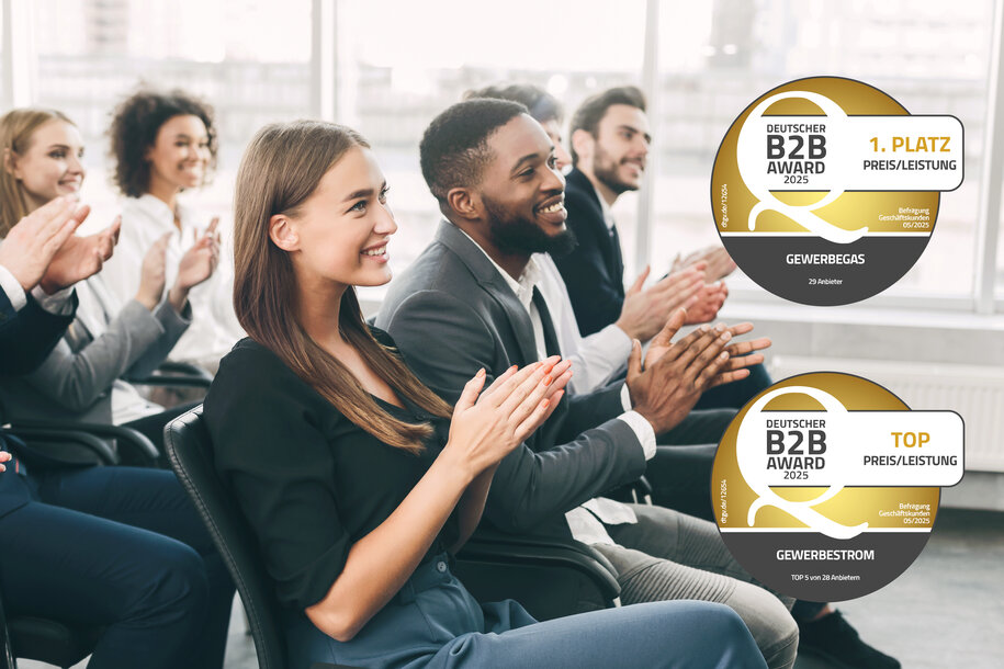 Die Siegel des Deutschen B2B-Awards für MONTANA Gewerbegas und Gewerbestrom vor einem applaudierenden Business-Team