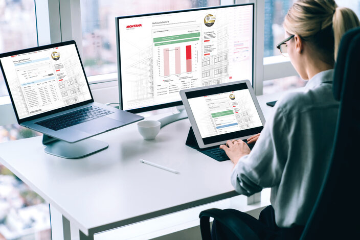 Hausverwalterin prüft Abrechnungsdaten und Diagramme am Computer – Tipps zur Jahresabrechnung und Energiekostenumlage