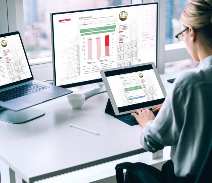Hausverwalterin prüft Abrechnungsdaten und Diagramme am Computer – Tipps zur Jahresabrechnung und Energiekostenumlage