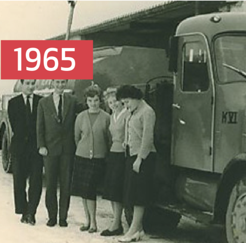 Historisches Foto einer Gruppe von Mitarbeitern vor einem Lieferwagen – Meilenstein 1965: Gründung des technischen Wärmeservice von MONTANA