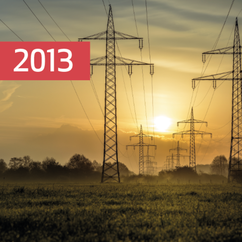 Stimmungsvolle Aufnahme von Strommasten im Sonnenuntergang – Meilenstein 2013: MONTANA nimmt Strom in sein Portfolio auf