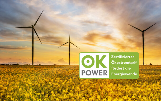 Windräder im Sonnenuntergang mit ok-power-Label – zertifizierter Ökostrom von MONTANA