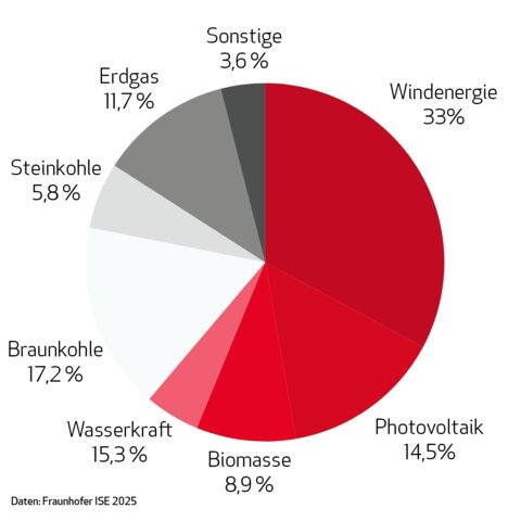Kreisdiagramm zum deutschen Strommix 2024 – Visualisierung des Rekordanteils von fast 63 % Ökostrom aus Windkraft, Photovoltaik und Wasserkraft