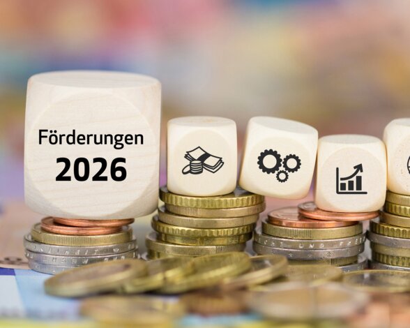 Weiße Würfel mit der Aufschrift 'Förderungen 2026' und Finanz-Icons auf gestapelten Euro-Münzen – Ratgeber zu staatlichen Zuschüssen für klimafreundliche Heizungen