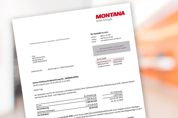 Ausschnitt einer MONTANA Stromrechnung mit rot markierter Marktlokations-ID – Hilfestellung, wo Kunden ihre MaLo-ID finden