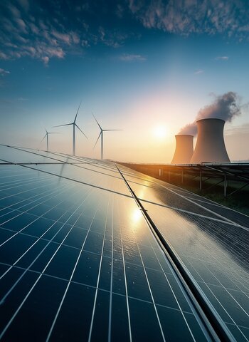 Photovoltaikanlagen, Windräder und Kraftwerkstürme bei Sonnenaufgang – Symbolbild zur Zusammensetzung der Stromerzeugung in Deutschland