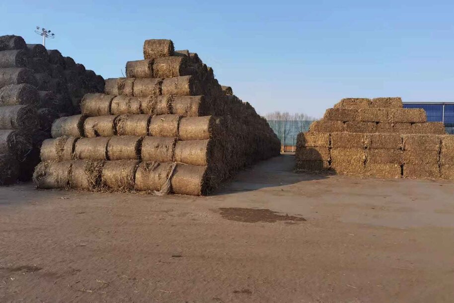 Große Stapel aufgeschichteter Strohballen als Brennstoff für ein Biomassekraftwerk – MONTANA Klimaschutzprojekt 26