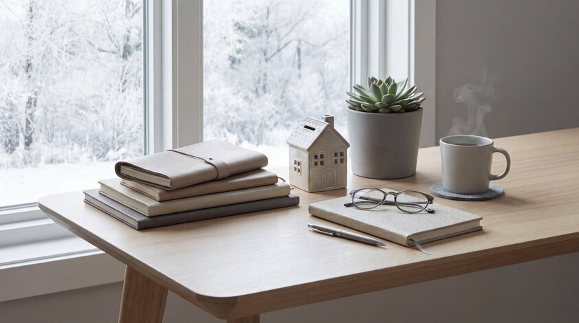 Schreibtisch mit Blick auf eine verschneite Winterlandschaft – Symbolbild zur Erklärung von Gradtagszahlen für die Heizkostenabrechnung