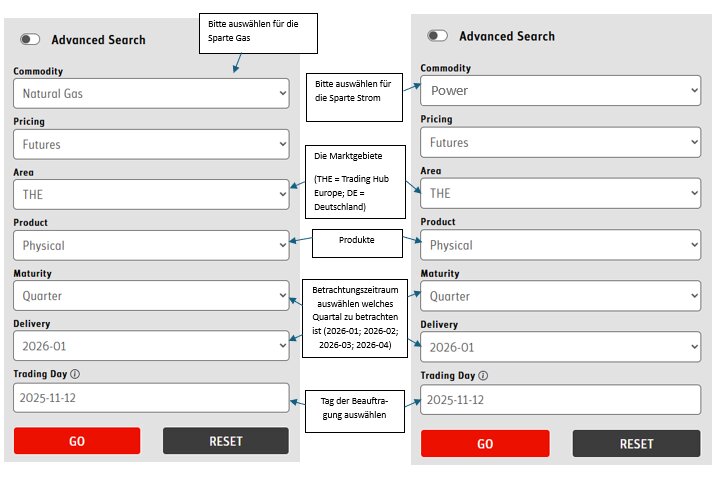 Anleitung zur Ermittlung von EEX-Settlementpreisen für Tranchentarife – Darstellung der notwendigen Suchparameter für Erdgas- und Strom-Futures