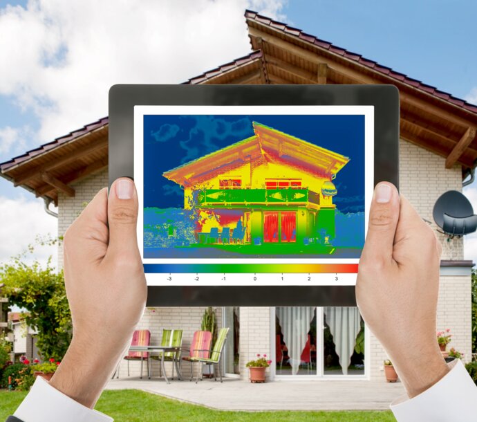 Hände halten ein Tablet mit einer Wärmebildaufnahme eines Hauses – Service zur Erstellung des Energieverbrauchsausweises