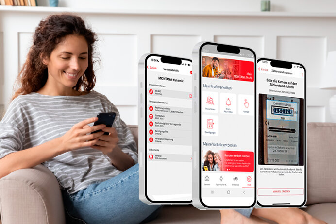 Frau nutzt entspannt die MONTANA App auf dem Smartphone zur einfachen Vertragsverwaltung und Zählerstandserfassung