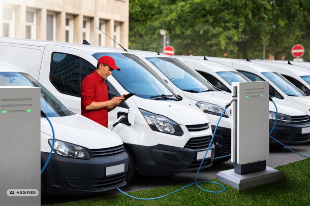 Mitarbeiter prüft mit Tablet ladende Elektro-Transporter eines Fuhrparks an Ladesäulen